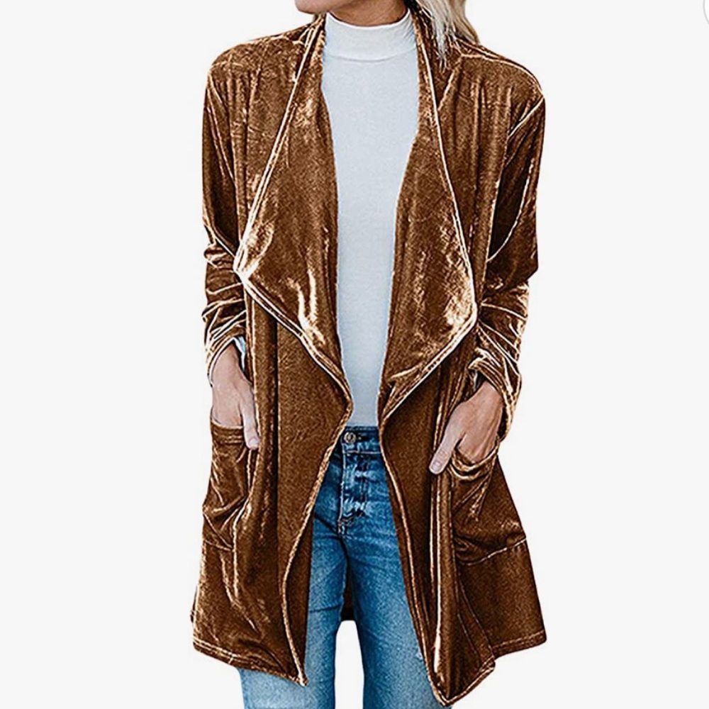 futurino Women's Solid Long Sleeve Velvet Cardigan